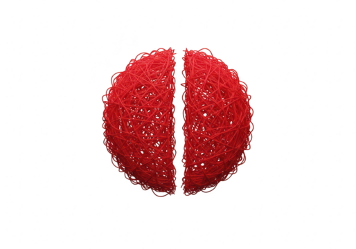 Red fuzzy ball split in half isolated on transparent background