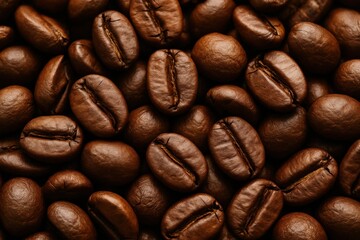 Fototapeta premium Roasted coffee bean texture, macro close-up of rich brown beans with detailed surface and natural sheen, realistic high detail background for beverage and cafe themes