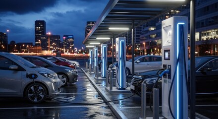 Obraz premium Electric Vehicle Charging Station at Night: Urban Electromobility