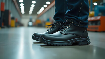 Close-up of black safety shoes worn by factory workers. Low angle shot. Blurred background of machinery in factory.