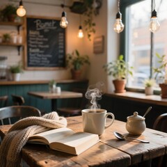 Fototapeta premium Cozy Cafe Scene with Steaming Coffee, Book, and Knitted Scarf – Warm and Inviting Atmosphere A warm and inviting café setting featuring a wooden table with a steaming cup of coffee, an open book, and 