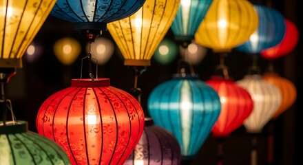 Illuminated silk lanterns, a vibrant symphony of colors casting a warm radiant glow