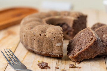 Slices of banana chocolate cake