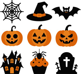 Spooky Halloween illustrations with pumpkin faces, haunted house, witch hat, and tombstone for holiday party decorations