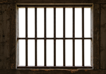 Old wooden prison window with iron bars and transparent background