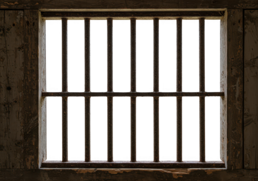 Old wooden prison window with iron bars and transparent background
