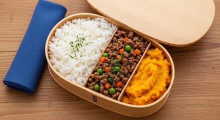 Wooden bento box with rice ground meat and orange puree on a wooden table with a blue cloth nearby