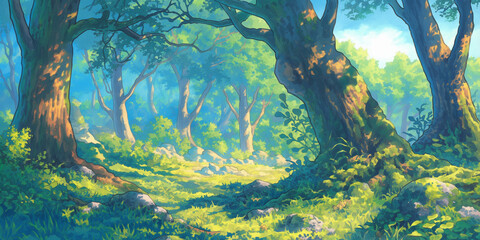 森を覆う新緑と差し込む日差しが織りなす癒しの登山道風景。行楽や遠足、ハイキング、自然散策など幅広い用途で使える自然描写で、季節の爽やかさを美しく表現した作品