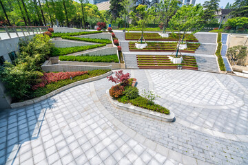 Obraz premium Empty urban street with green trees and buildings on a sunny day