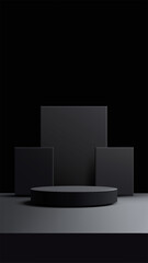 black product display with dark gray circular podium and geometric blocks in modern minimal studio for mockup or showcase