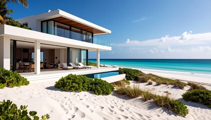 Obraz premium 白い砂浜と鮮やかなターコイズブルーの海を背景にしたビーチフロント住宅の外観写真。 リゾート感あふれる風景が広がり、理想的な海辺の暮らしをイメージさせます。