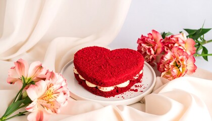 Heart shaped red velvet cake on plate