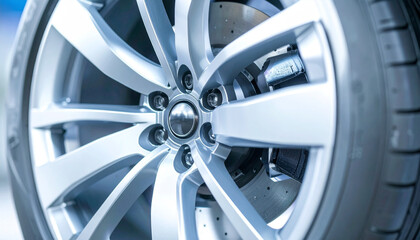 Obraz premium Wheel's Elegant Symmetry: Captivating detail of a pristine automobile wheel, showcasing sleek design, radial spokes, and a polished metallic finish. The rubber tire adds contrast