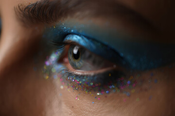Close-Up of a Stunning Eye with Intricate Blue Eyeshadow and Glitter Accents, Capturing the Detail and Sparkle of Cosmetic Artistry in Macro Photography