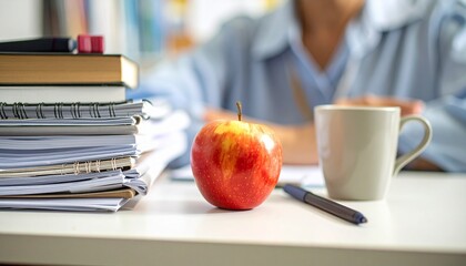 教師の机のクローズアップ写真で、赤いリンゴ、温かいコーヒーマグ、採点済みの用紙が積まれています。 教育現場の日常や先生の働く環境、準備作業をイメージさせるシーンです。