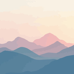 Pastel-toned mountain range landscape at sunrise or sunset.