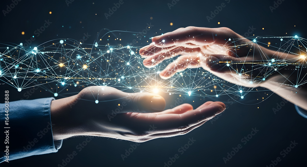 Poster two hands reaching out and connecting with a glowing network of digital data and light symbolizing c