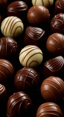 Naklejka premium Assortment of elegant dark and milk chocolate truffles set against a black background.