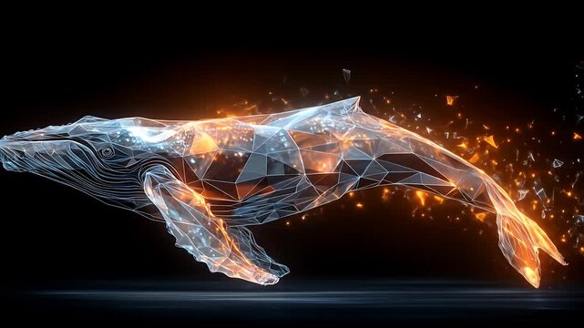 Abstract geometric whale disintegrating into particles in dark space