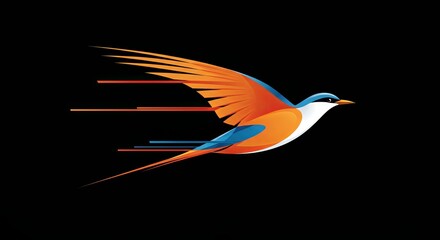  Stylized orange and blue bird in flight with motion streaks on black background