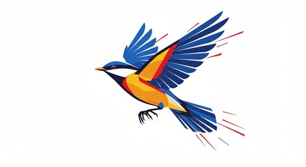 Colorful abstract bird with blue wings and yellow body in flight illustration