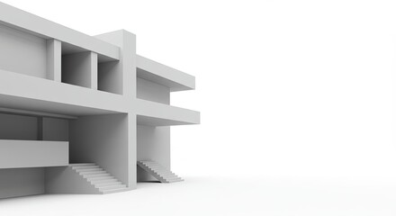 Minimalist modern building with two staircases and geometric facade design in white tones