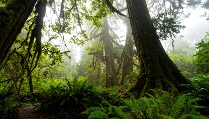 Obraz premium Ancient Moss-Covered Forest with Sunbeams Piercing Through Foggy Canopy