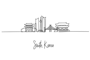 Seoul South Korea city skyline in a single line drawing with Lotte World Tower N Seoul Tower and Gyeongbokgung Palace, a skyline concept themed for travel posters and modern minimalist decor. © rina