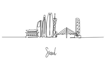 Seoul South Korea city skyline in a one line drawing with Lotte World Tower N Seoul Tower and Gyeongbokgung Palace city skyline concept themed for travel art minimalist decor and urban appeal