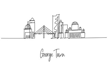 George Town Penang city skyline in a continuous line drawing highlighting KOMTAR, Penang Bridge and heritage temples, a city skyline concept themed for Malaysia travel posters and minimalist decor.