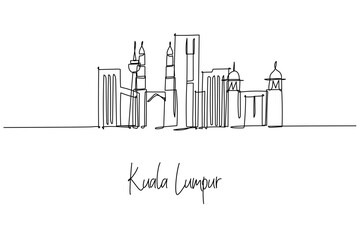 Kuala Lumpur Malaysia city skyline in a continuous line drawing featuring Petronas Twin Towers KL Tower Merdeka 118 and Sultan Abdul Samad Building, themed for travel art and minimalist decor.