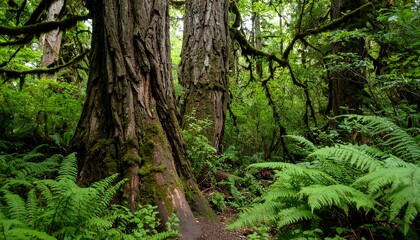 Ancient Moss-Draped Forest with Towering Trees and Lush Ferns