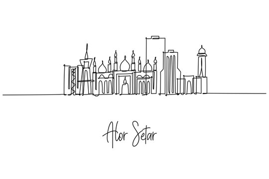 Alor Setar Malaysia city skyline in a single line drawing featuring Alor Setar Tower Zahir Mosque Balai Besar and Nobat Tower, a city skyline concept themed for Kedah travel art, decor and prints.
