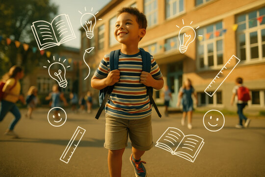 Young Child on the First Day of School, Surrounded by Floating Hand-Drawn Doodles Representing Dreams, Curiosity, and a Bright Future Ahead.