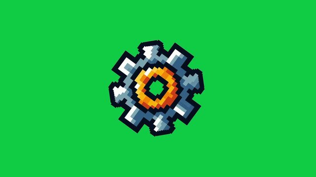 Pixel art of a gear icon spinning, animated loop