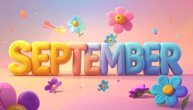 Cheerful September: 3D Typography with Pastel Flowers and Playful Elements