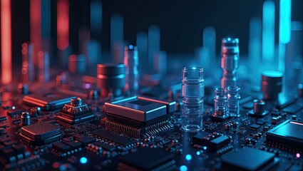 Circuit board with futuristic cityscape elements.