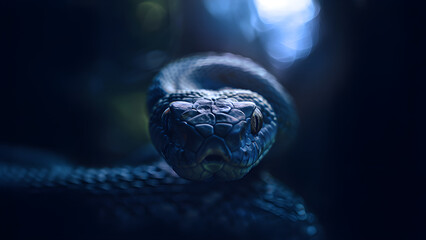 close up of blue snake in the jungle night