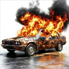 An intense scene of an old car engulfed in flames.