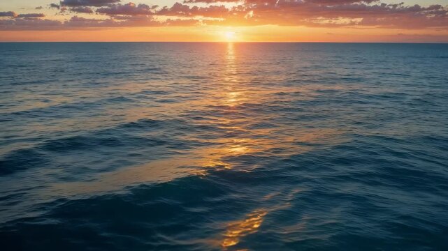 Fly Over Beautiful Ocean Water Surface at Sunset
