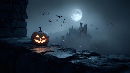 Eerie glowing pumpkin on a broken stone wall, haunted castle glowing faintly in moonlight, bats soaring in the misty air