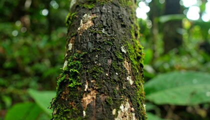 Intricate World of Ants on a Mossy Tree Trunk in the Rainforest