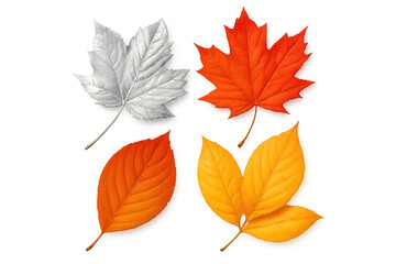 Naklejka premium Colorful autumn leaves drifting downward, floating freely against clean white backdrop, capturing seasonal elegance and natural movement