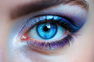 Striking Blue Eye Close-Up with Shimmering Makeup: A Captivating Display of Beauty and Detail, Showcasing Intense Color and Artistic Expression