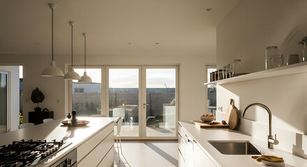 Modern Kitchen Interior with White Cabinets and Stainless Steel Sink.