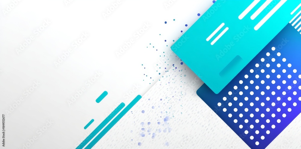 Poster the background is an abstract geometric presentation in blue and white, comprising rectangles and sq
