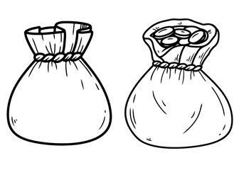 Vintage vector silhouette illustration depicting a pouch filled with coins.