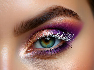 Close-Up of a Woman's Eye with Purple and Gold Makeup, Showcasing Intricate Detail and Artistic Expression in Beauty Photography, Studio Shot