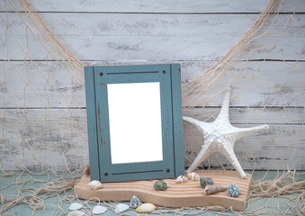 Coastal Beach Vibe closeup image with transparent picture photo frame, fishing net fishnet, shells,...