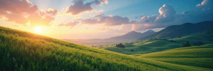 Obraz premium Lush green hills at sunset.